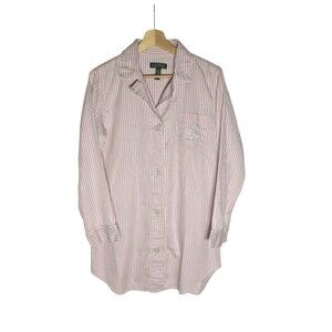 Lauren Ralph Lauren Button Down Night Shirt Womens Sz M Pink Stripes Monogrammed